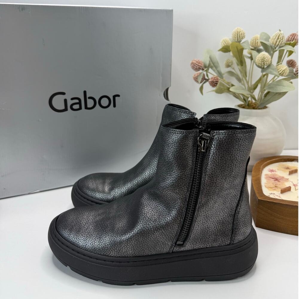 Gabor Cervo Met. (Micro) Side Zip Leather Boots Grey 53.721.69 Women 6 NWB